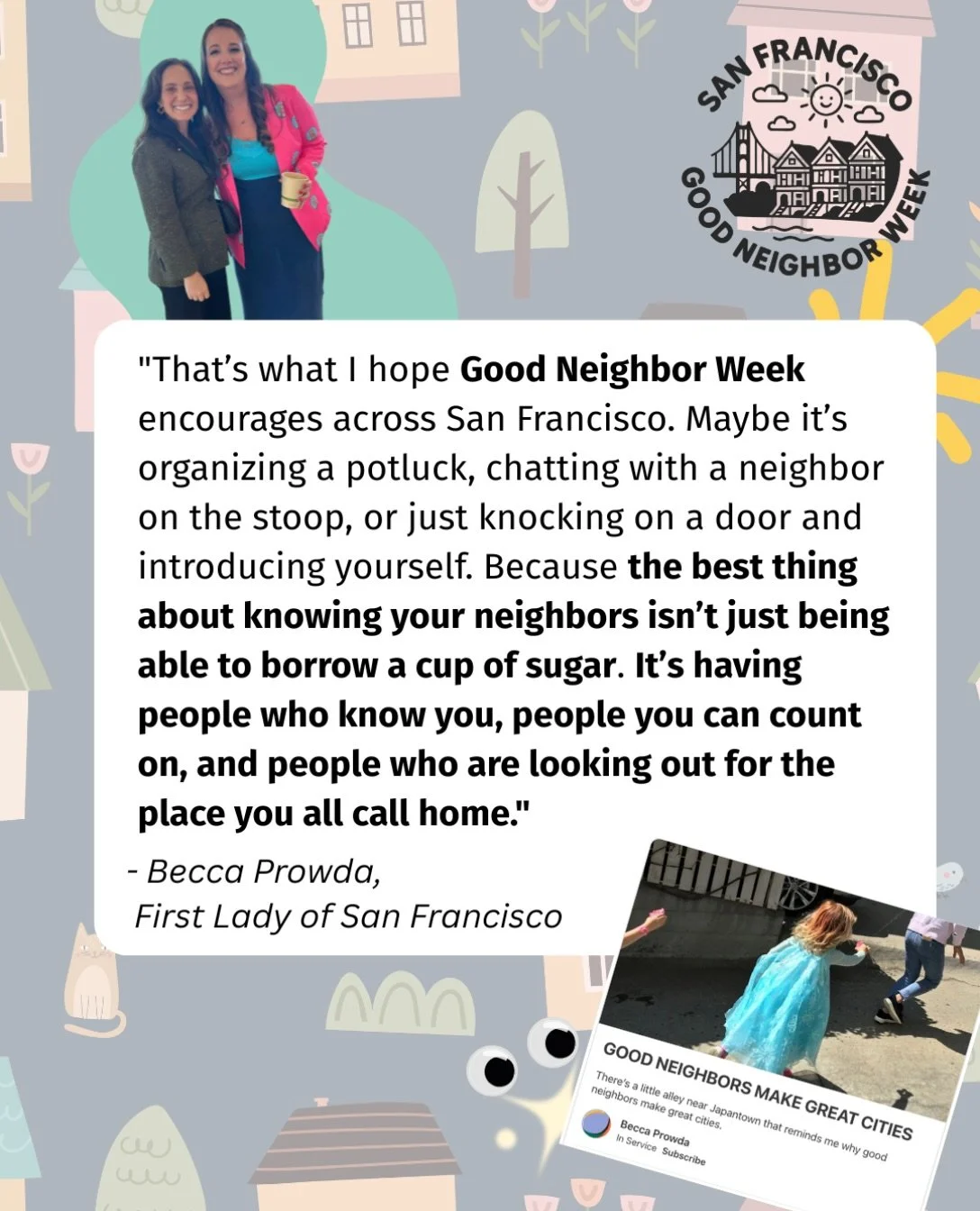 ✨ Thank you First Lady of San Francisco Becca Prowda for sharing what you love about @sfgoodneighborweek in your substack today! 

We have a big event planned this Saturday in Civic Center Plaza, but it&rsquo;s all the little events throughout the ni