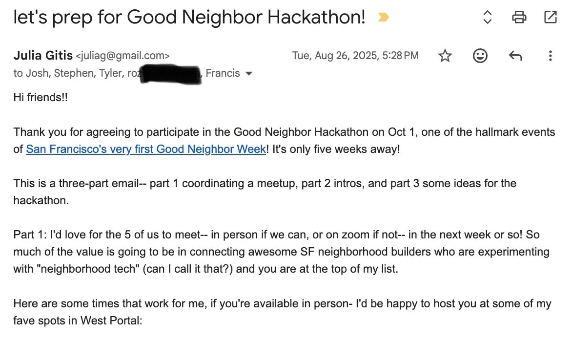 Email to Good Neighbor Hackathon presenters