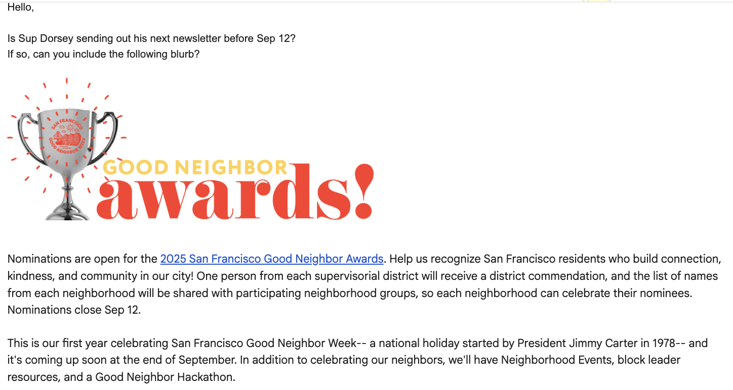 Email to Board of Supervisor's office (City Council) about promoting nomination form