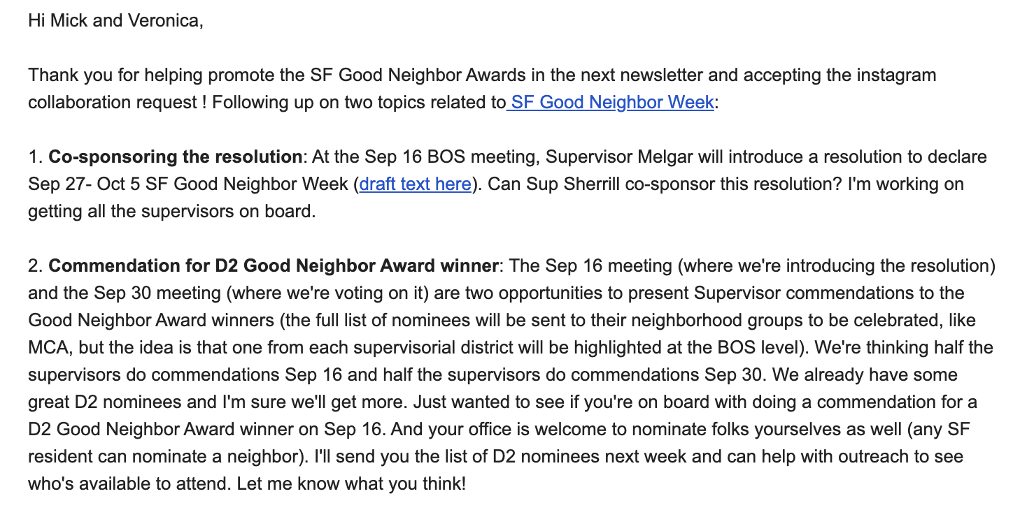 Email to Board of Supervisor's office (City Council) about co-sponsoring the resolution