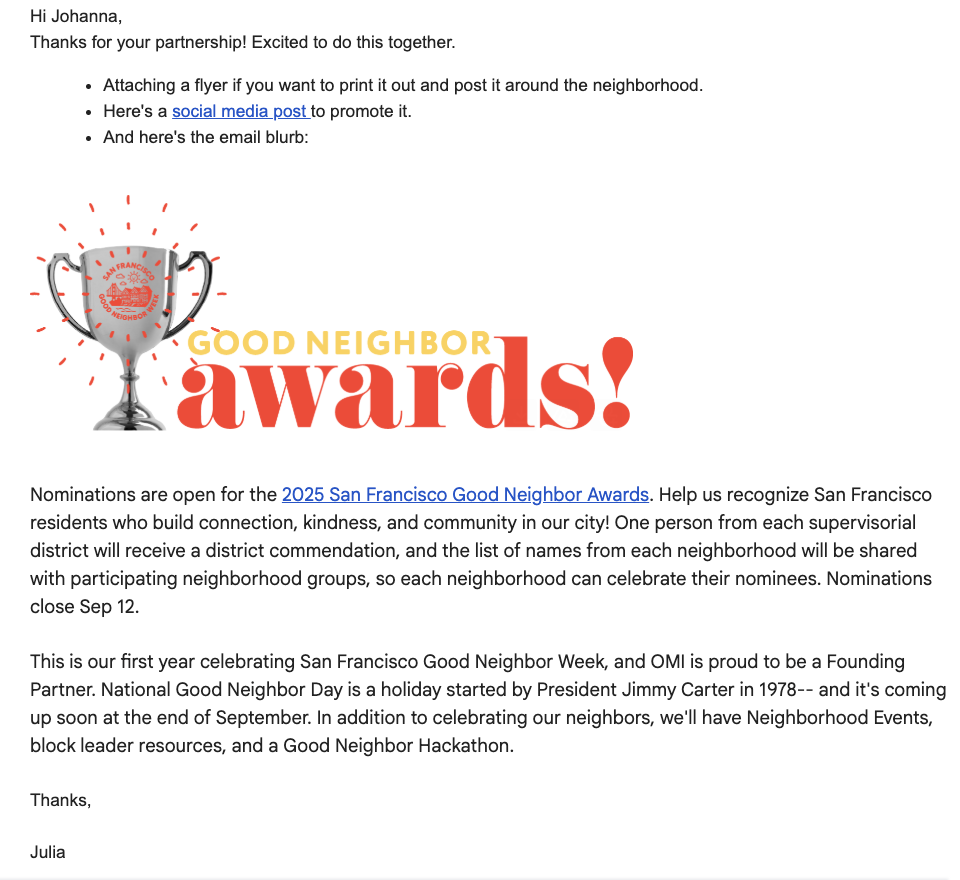 Email to neighborhood group leaders about promoting the nomination form