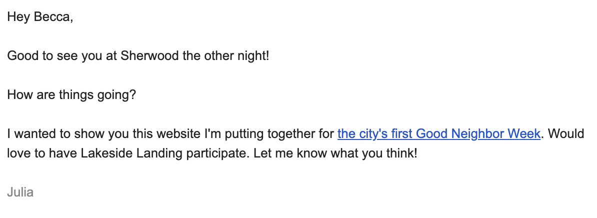 Email to neighborhood group leader about participating