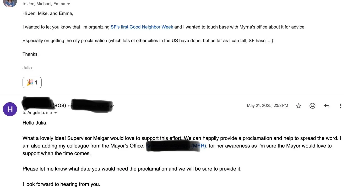 Email to City Hall legislative aides about City Proclamation