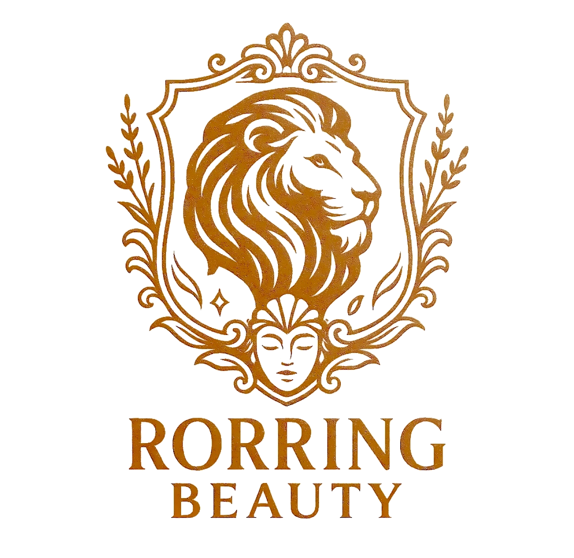 A gold-colored emblem featuring a lion's profile above a woman's face surrounded by decorative elements, with the text 'RORRING BEAUTY' below.