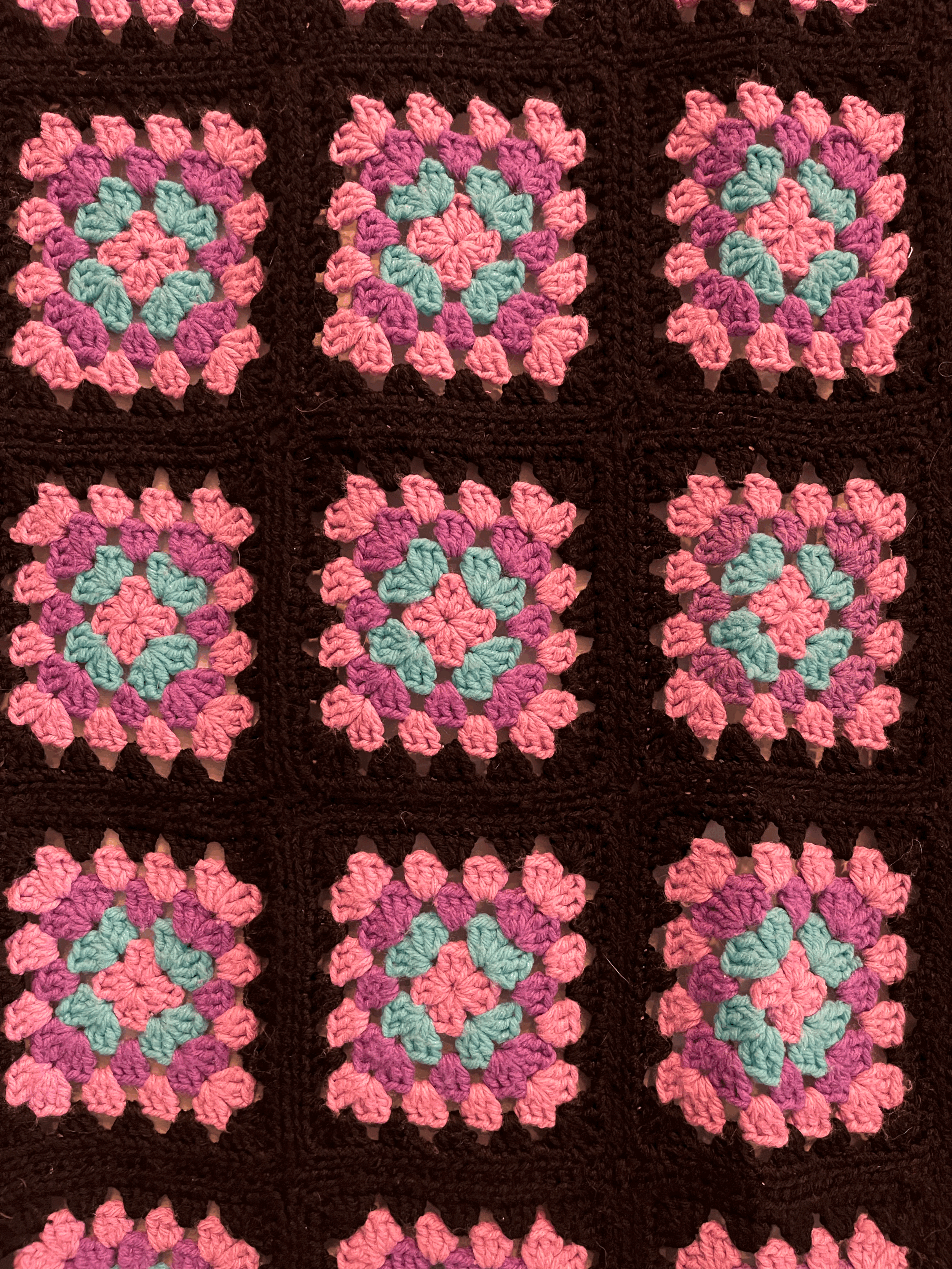 VINTAGE CROCHET BLANKET - Black with Pink, Purple, and Light Blue Blocks