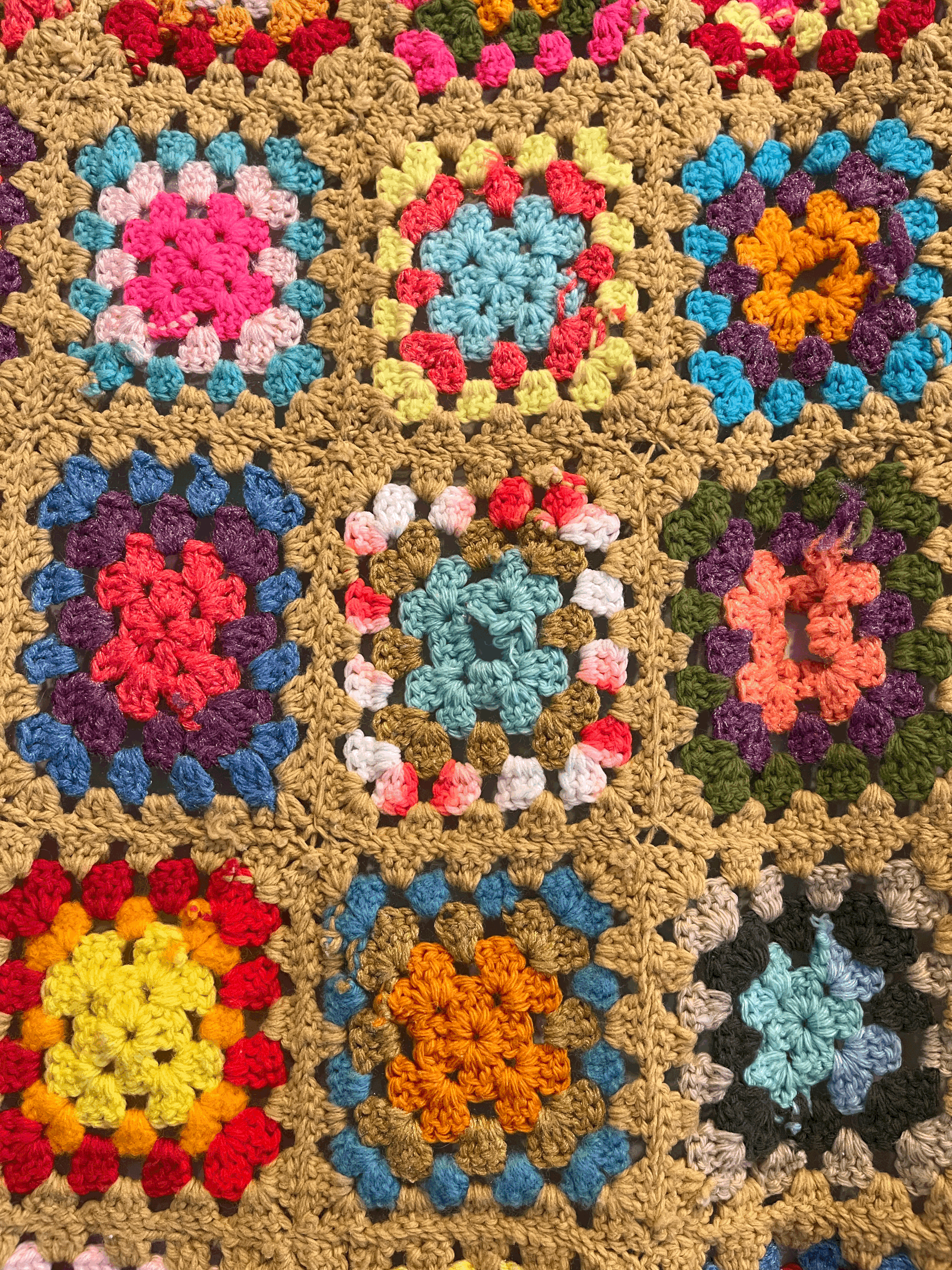 VINTAGE CROCHET BLANKET - Mustard with Tassels and Multi-Color Blocks