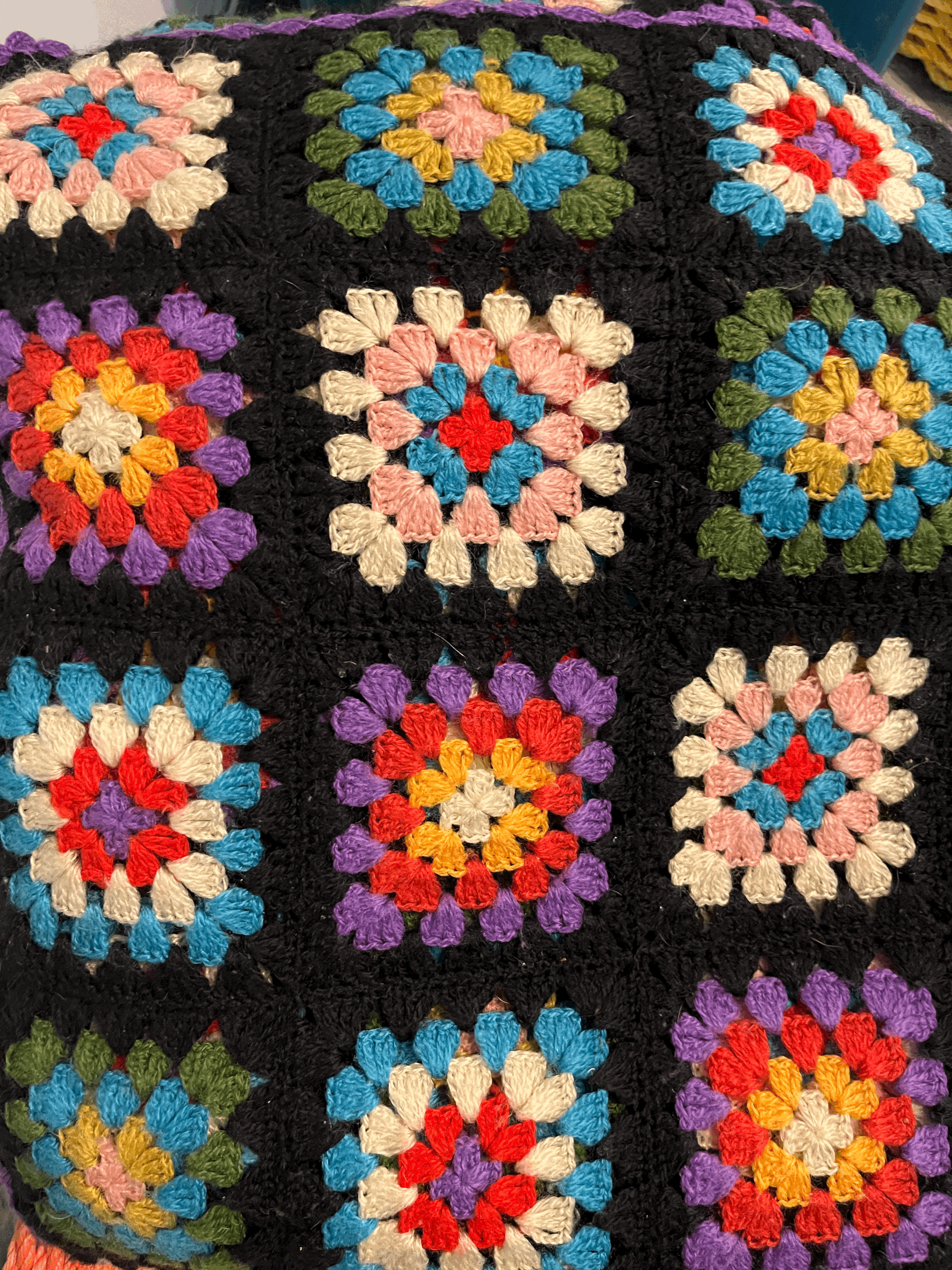 VINTAGE CROCHET BLANKET - Black with Purple Border and Multi-Color Blocks
