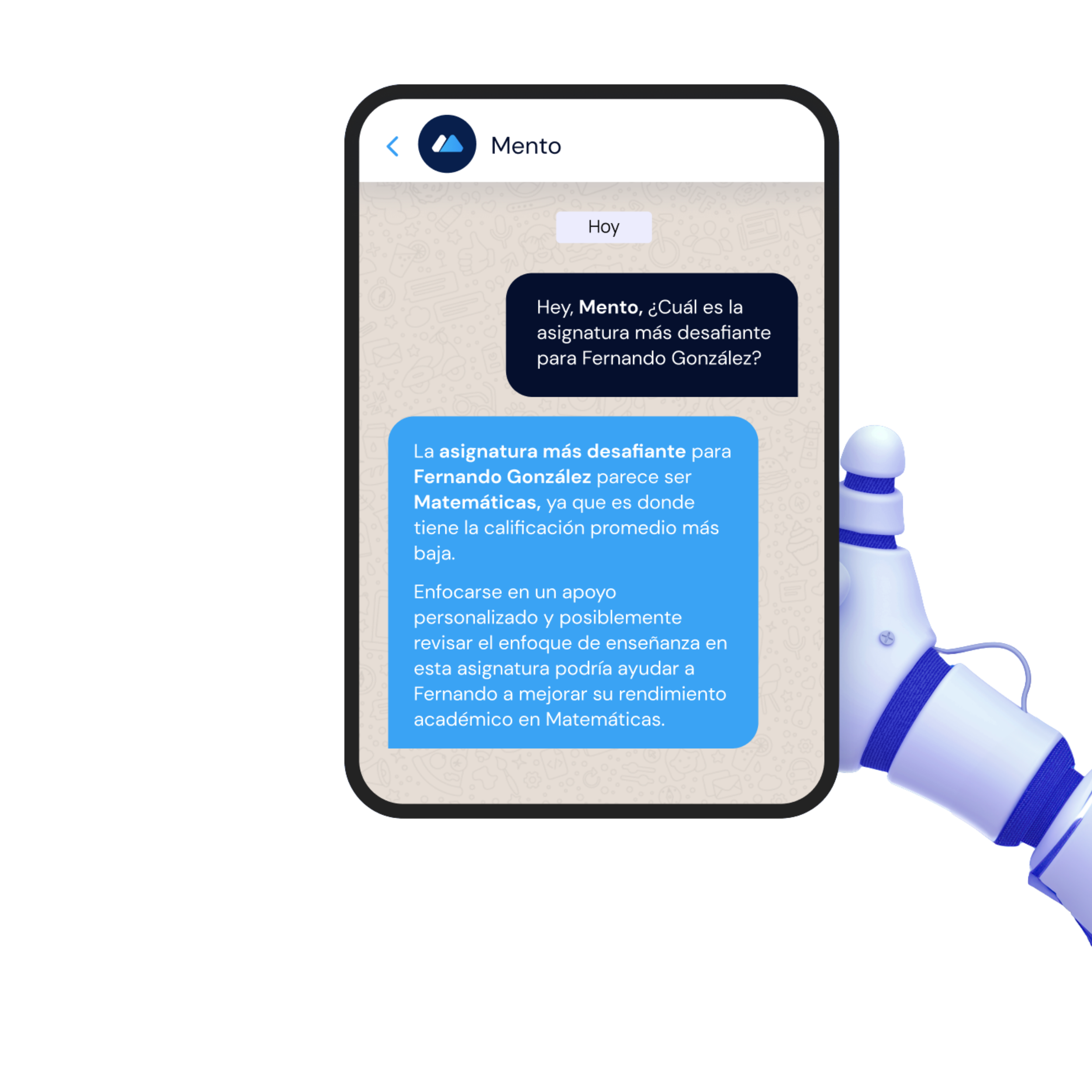 Un teléfono móvil con un chat de asesoría académica sobre la asignatura de Matemáticas para Fernando González, con un fondo neutro y un robot que sostiene el teléfono.