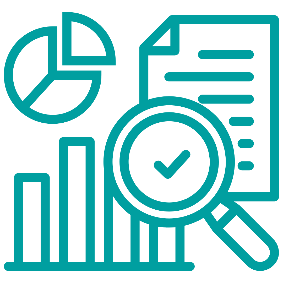 Ícono que representa análisis de datos con gráficos de barras y tartas, lupa con marca de verificado, y un documento