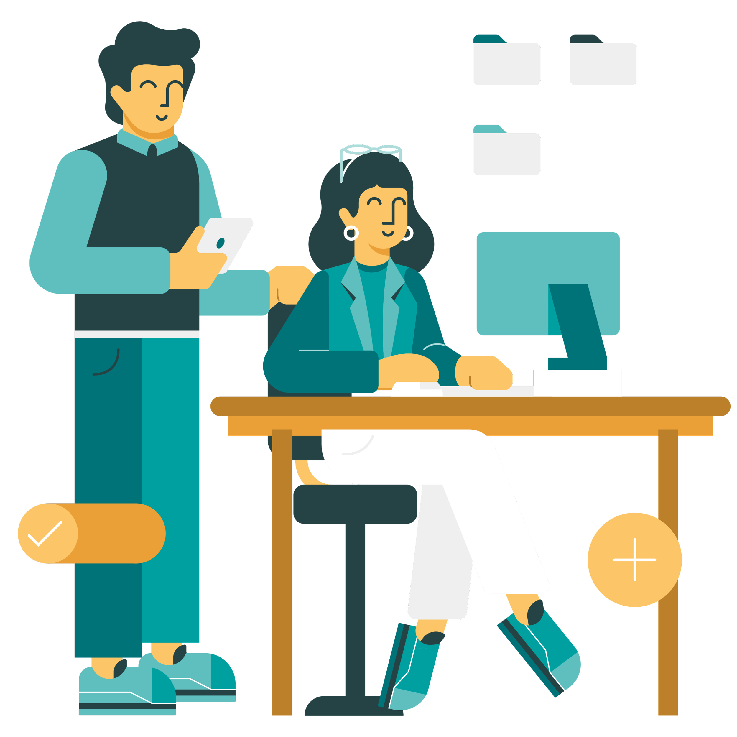 Ilustración de una oficina con una mujer sentada en el escritorio y un hombre de pie junto a ella, ambos usando tecnología, en un fondo con archivos digitales.