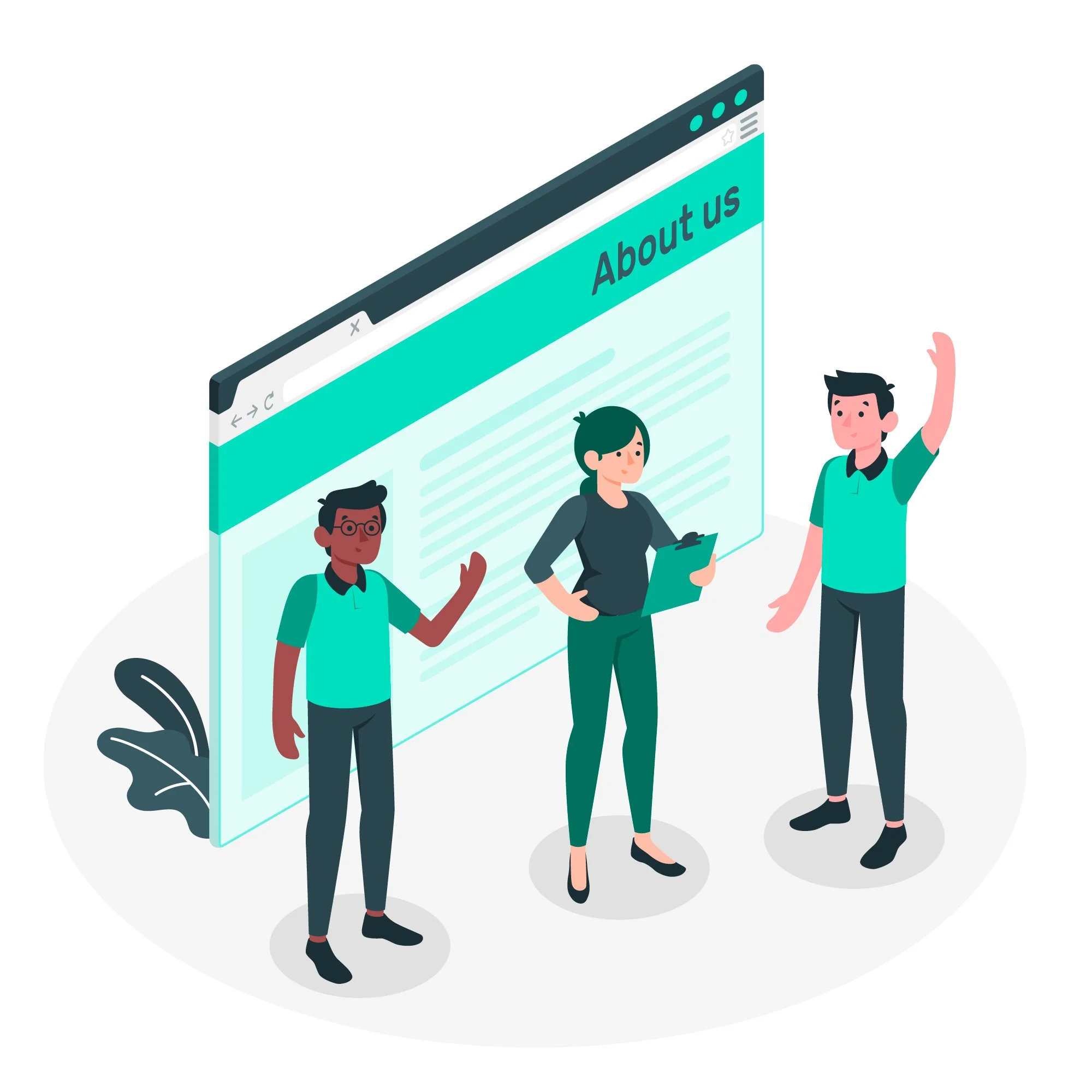 Illustration of three people in front of a large "About us" webpage. One person is holding a clipboard. All are wearing casual attire and appear to be discussing or presenting.