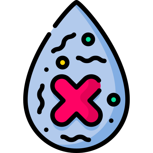 Illustration of a water droplet with a pink cancellation mark, surrounded by black squiggly lines and small yellow and green circles.