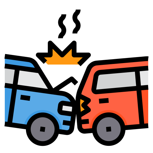 Cartoon illustration of two cars crashing head-on, with a burst explosion between them.