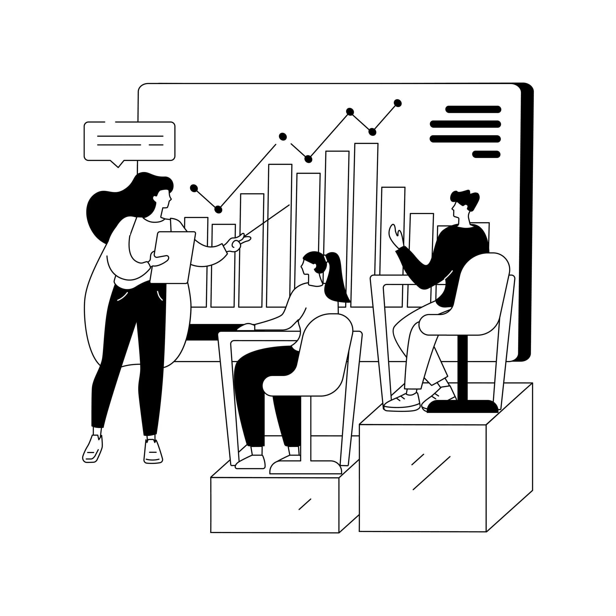 Black and white illustration of three people in a business meeting discussing a large graph on a presentation board, with one person standing and pointing at the graph, and two people seated on podiums.