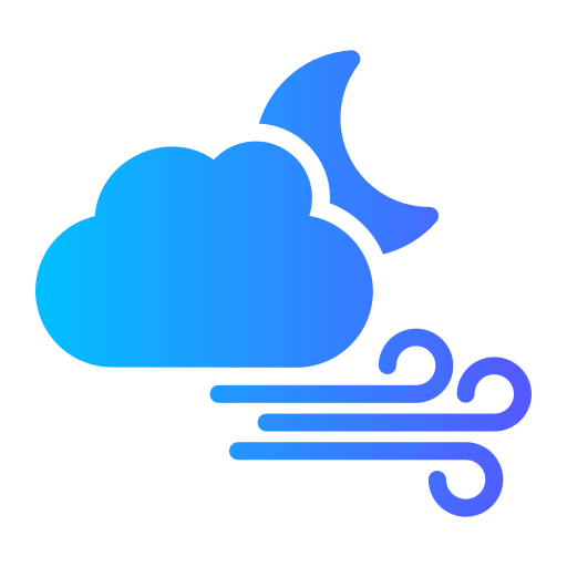 Icon of a cloud with a crescent moon and wind lines, representing windy night weather.