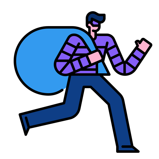 Illustration of a cartoon thief carrying a large blue sack, wearing a striped outfit and mask.