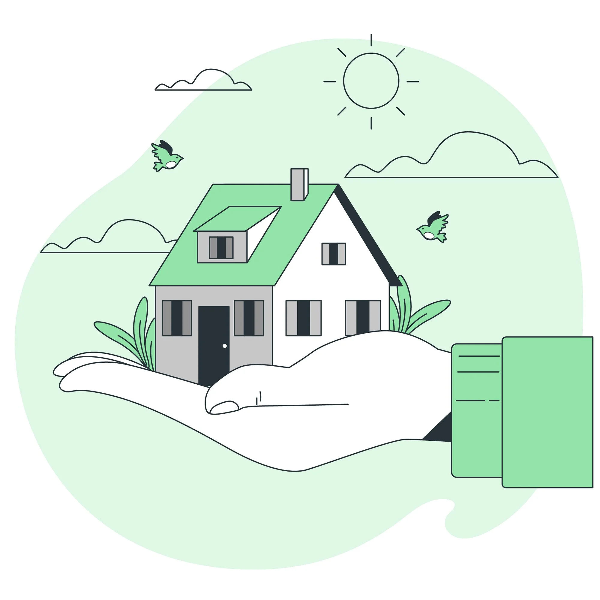 Illustration of a small house resting on a large hand, surrounded by clouds, birds, and sun.