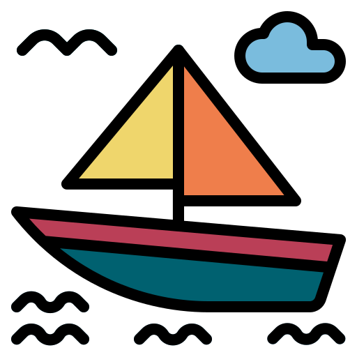 Illustration of a sailboat on water with a cloud and birds in the sky.
