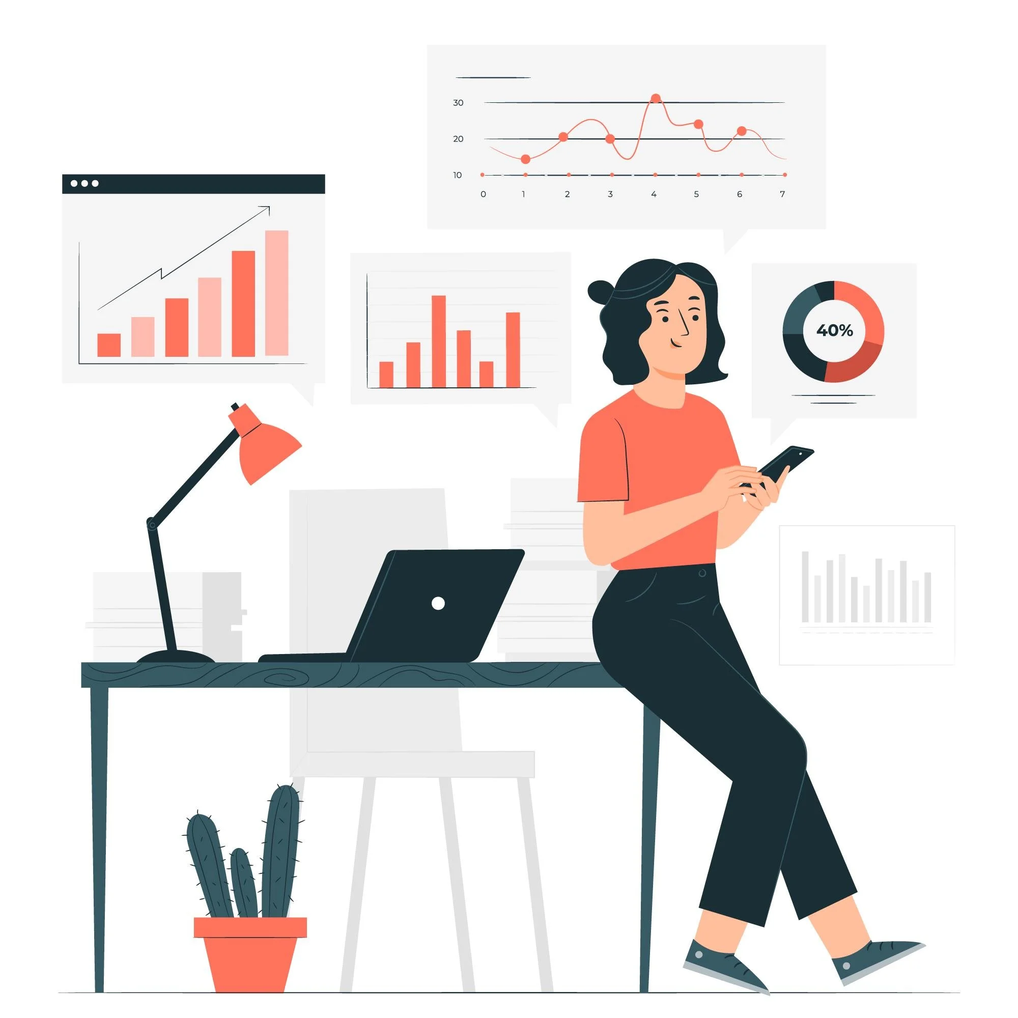 Illustration of a woman leaning on a desk with a laptop and lamp, surrounded by charts and graphs on the wall. She is holding a smartphone. A potted cactus is on the floor.