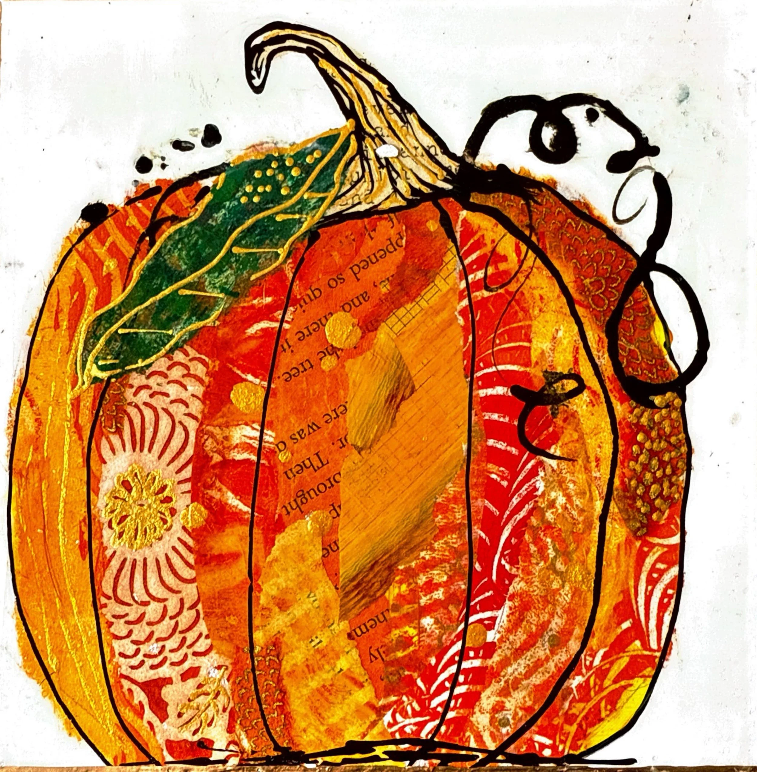 Colorful mixed media illustration of a pumpkin with black outline, containing layers of collage, paint, and text.