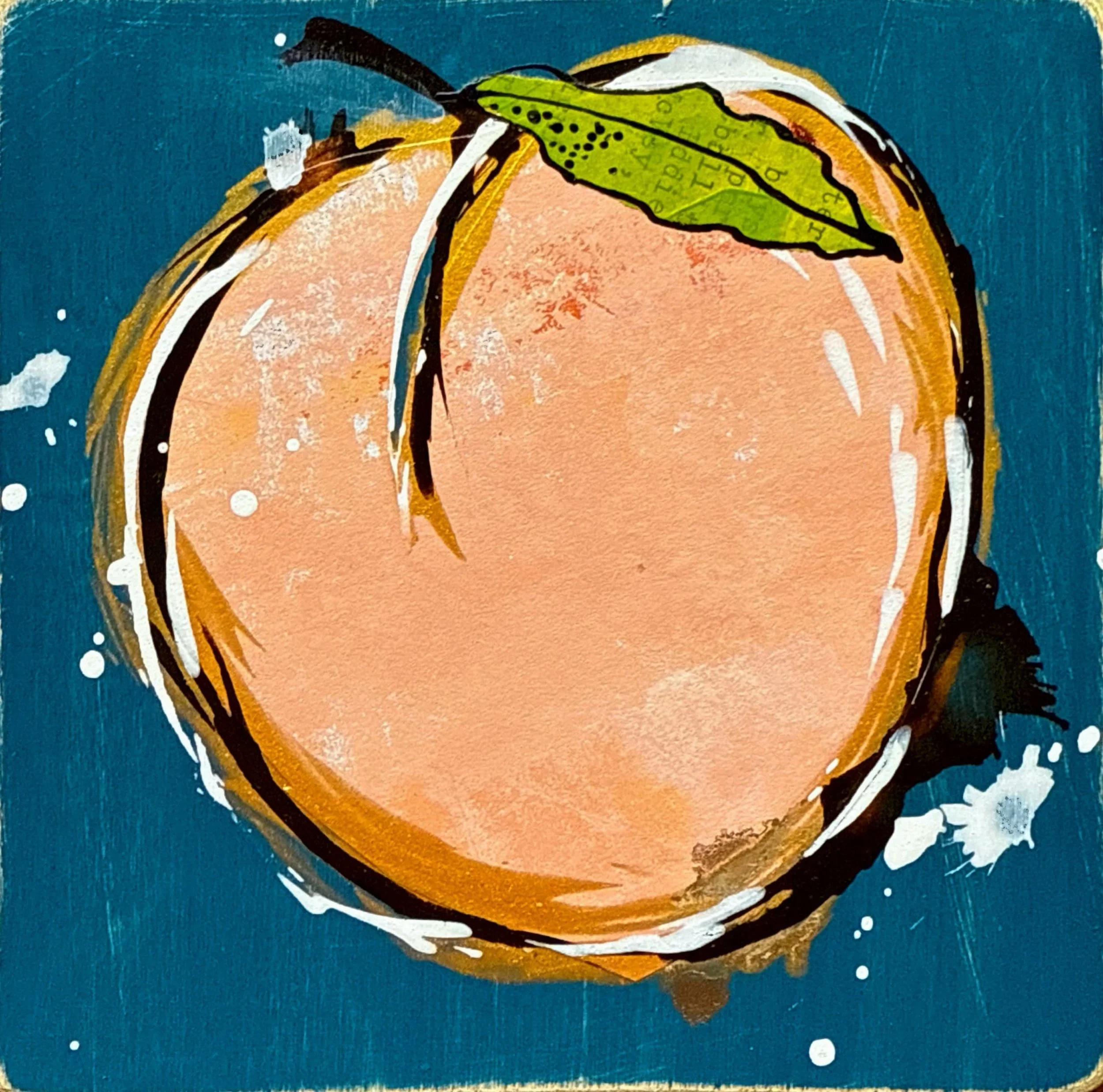 An abstract painting of a peach with a green leaf against a dark teal background, featuring white and black splashes and brush strokes.