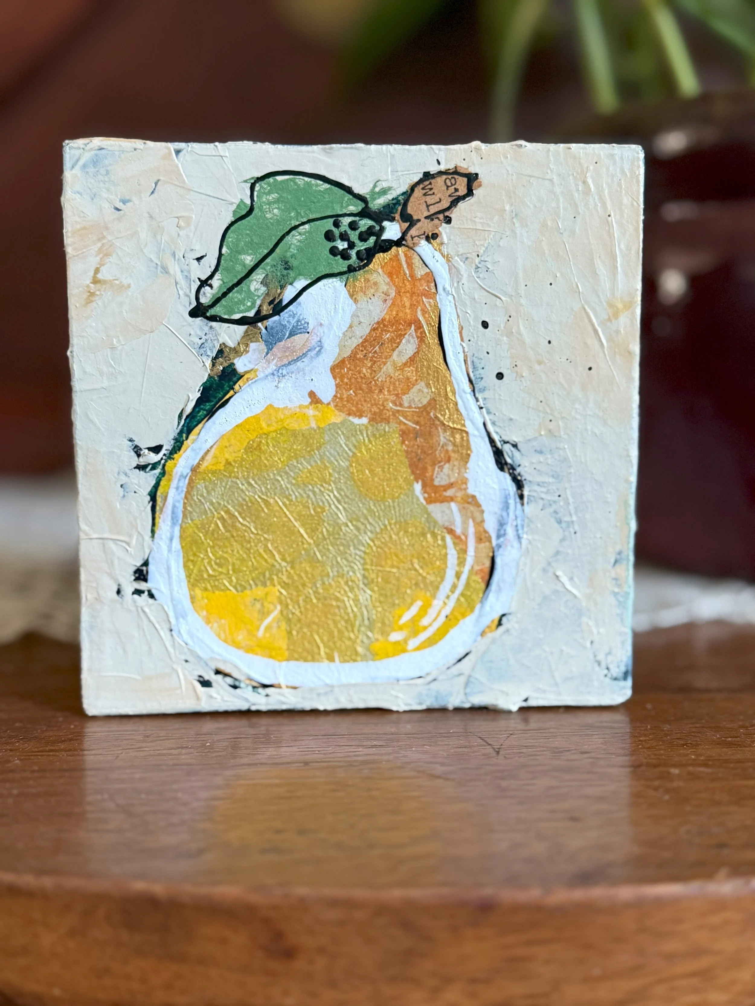 A small canvas painting of a lemon with a green leaf and a tiny brown insect on it, using a mix of watercolor and ink