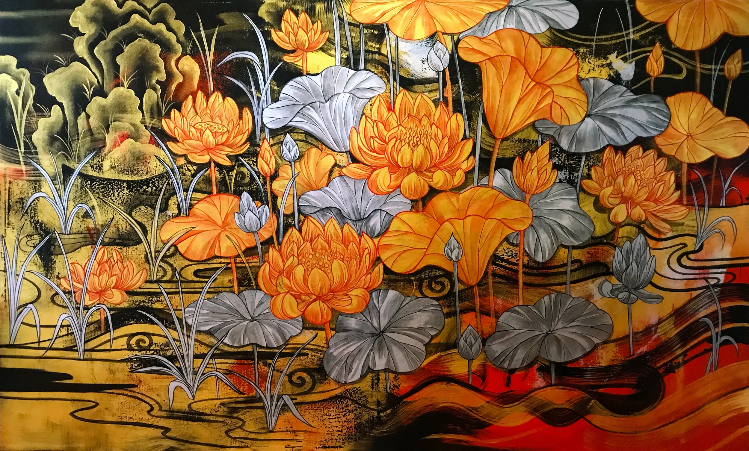 A traditional Asian painting of a pond with orange water lilies, gray and orange large leaves, and stylized water and plants on a black background.