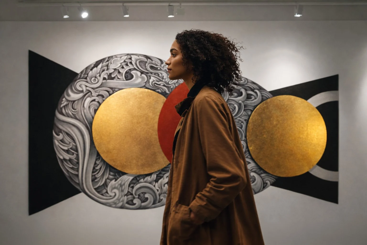 Woman with curly hair wearing a brown coat standing in front of a black, white, and gold abstract art piece.