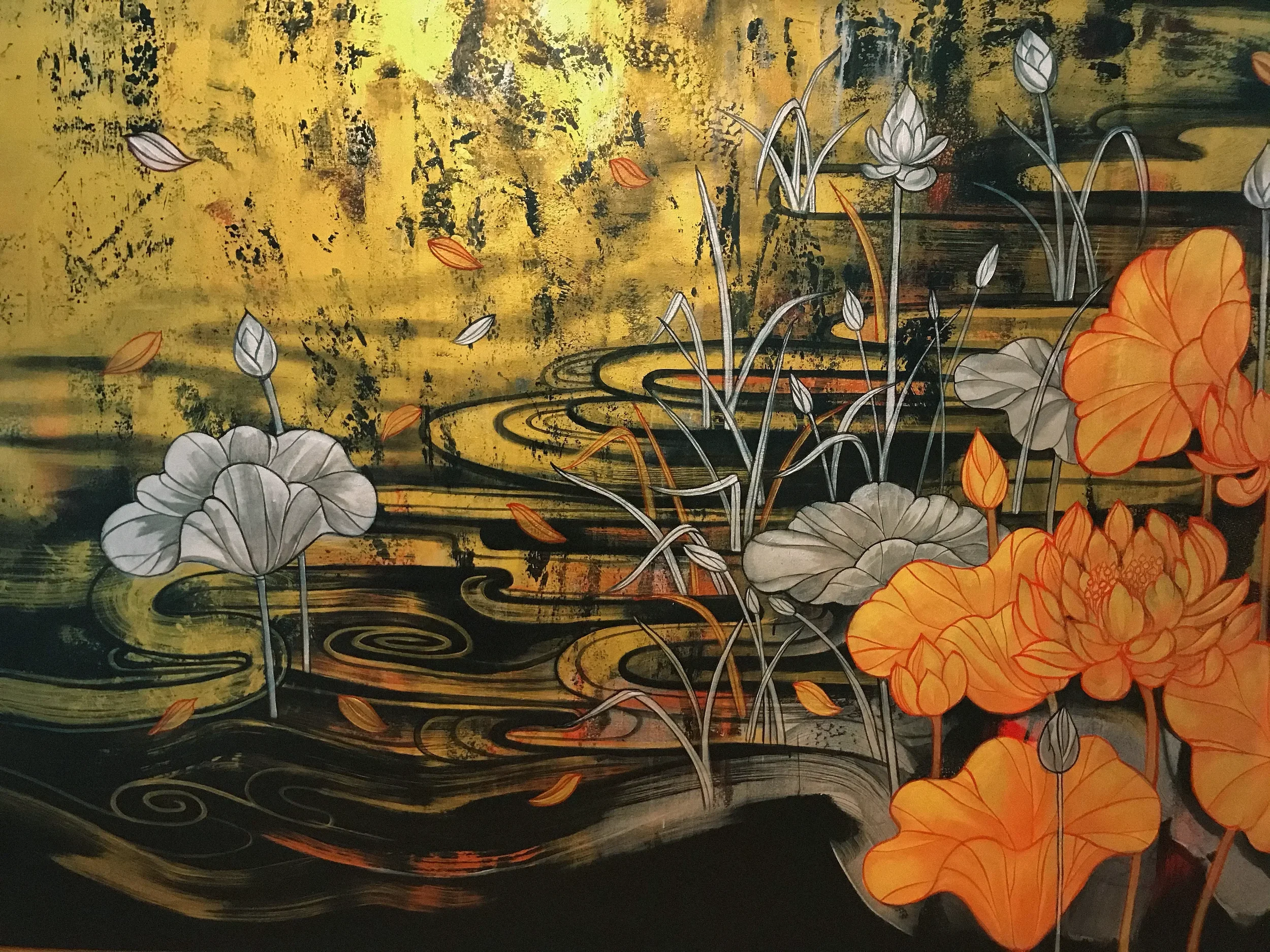 Abstract painting featuring orange and white flowers with gray leaves against a textured yellow and black background.