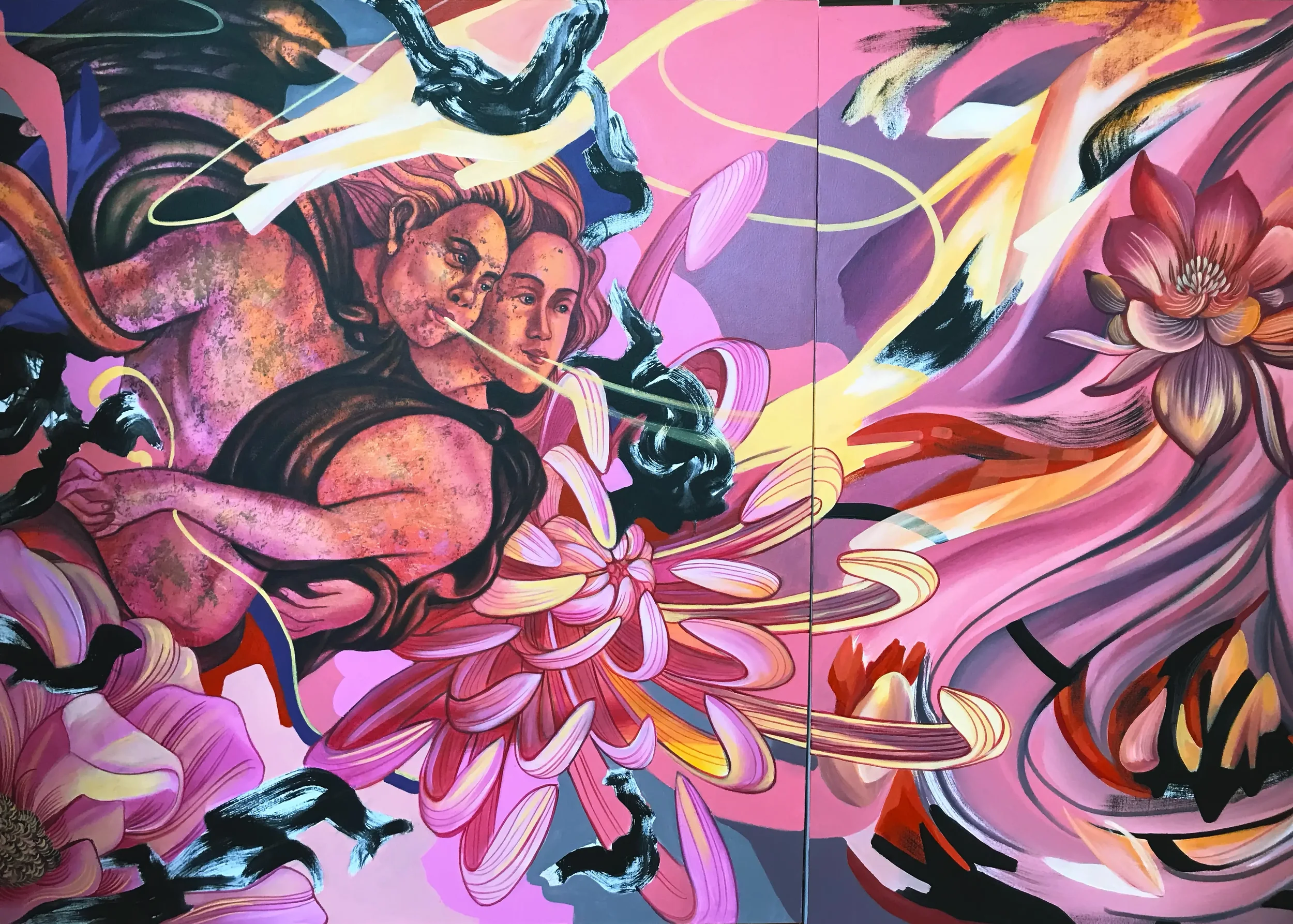 Colorful mural featuring two women with flowing hair surrounded by pink, orange, yellow, and black abstract patterns and floral elements.
