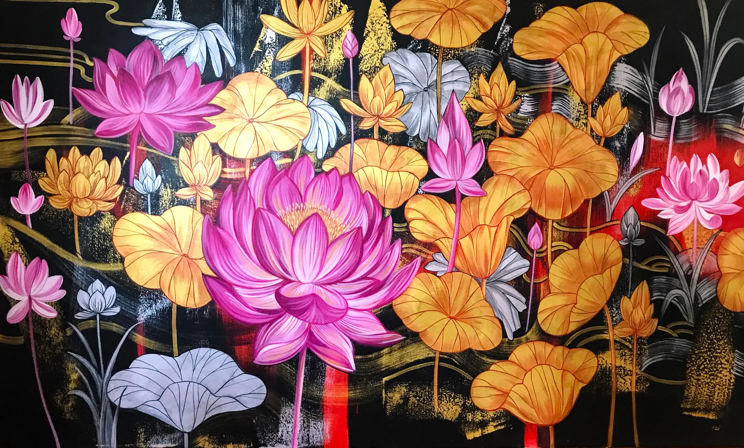 A vibrant painting of pink, white, gray, and orange lotus flowers and leaves against a dark background with gold accents.
