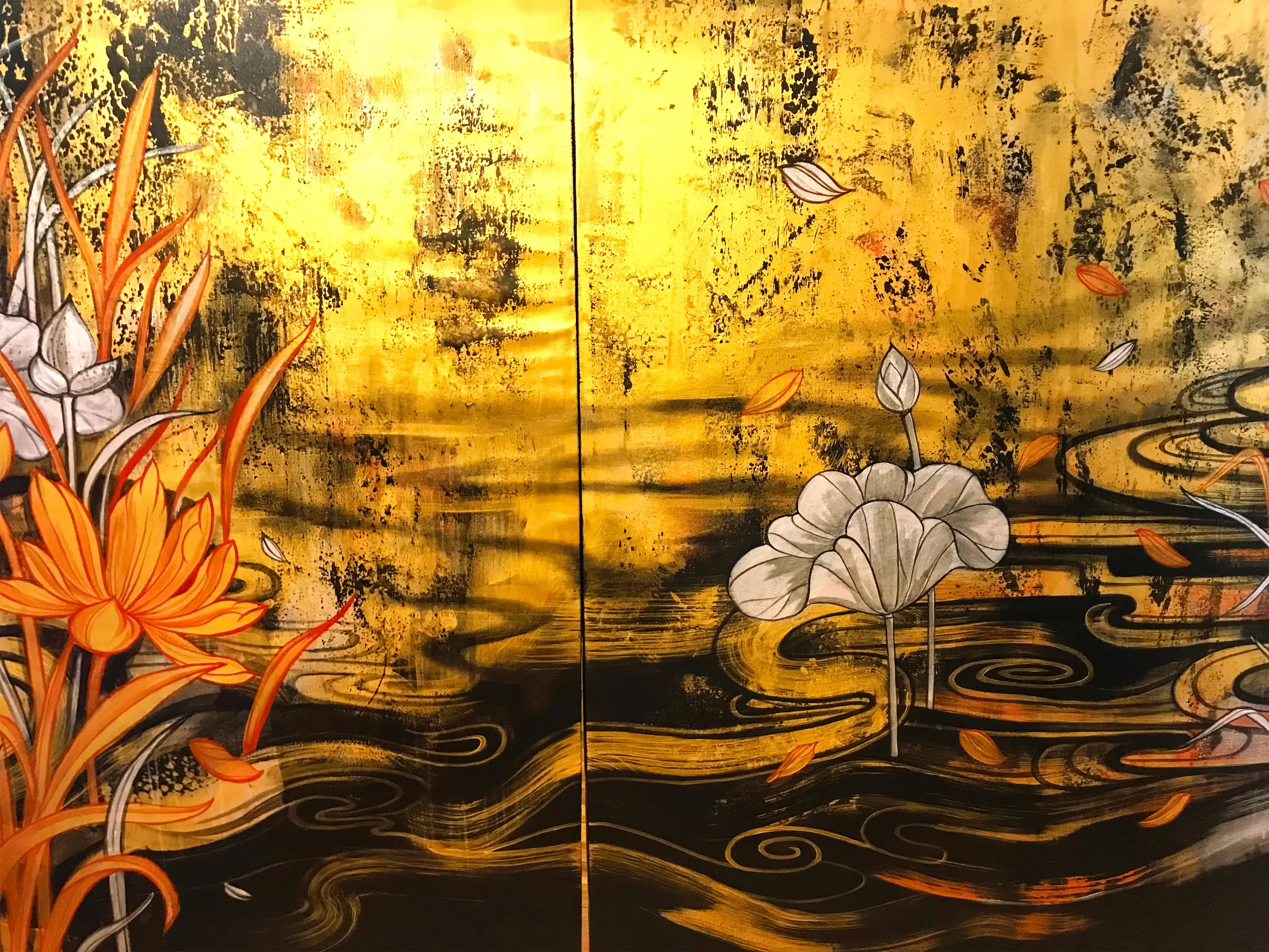 A traditional Asian art displaying a scene of nature with a yellow background, black accents, and orange and white plants in the foreground.