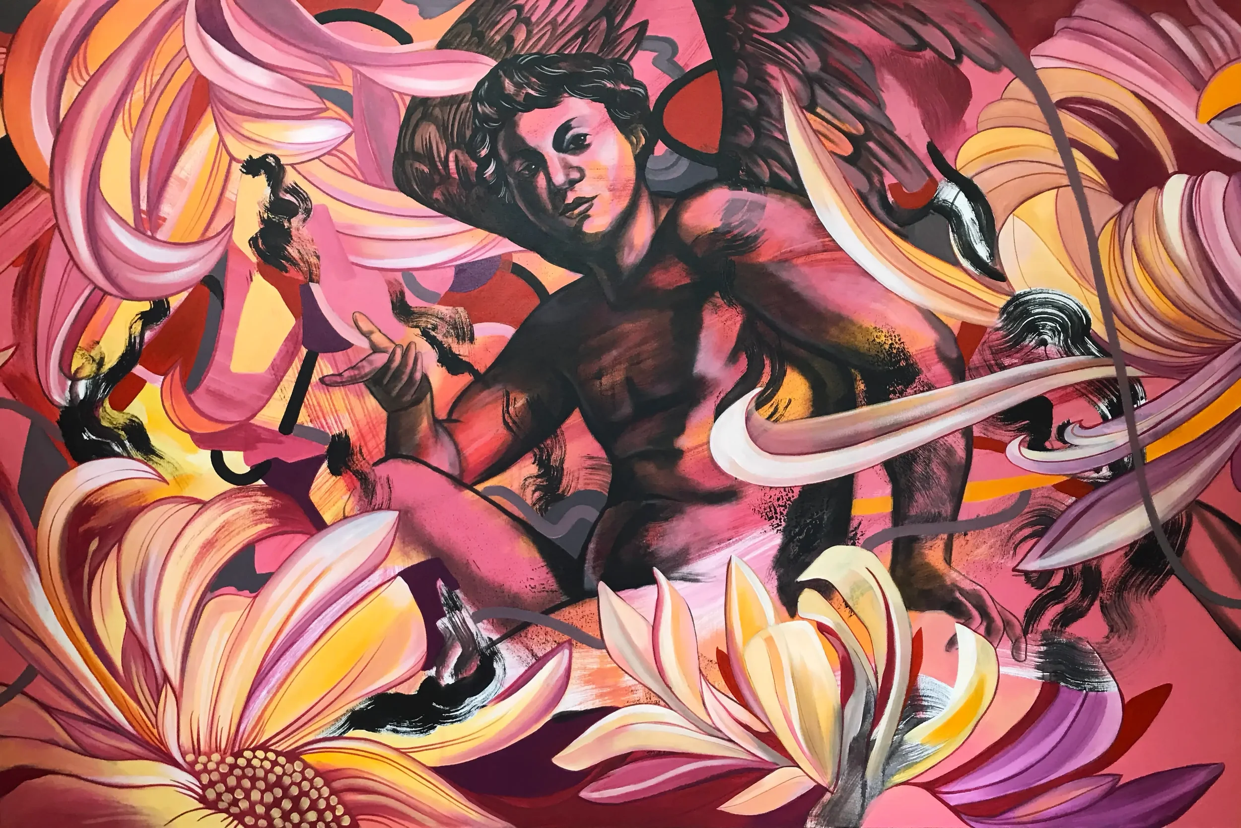 A vibrant mural featuring a woman with dark hair and a serious expression, surrounded by swirling pink, orange, yellow, and black abstract shapes and floral elements.