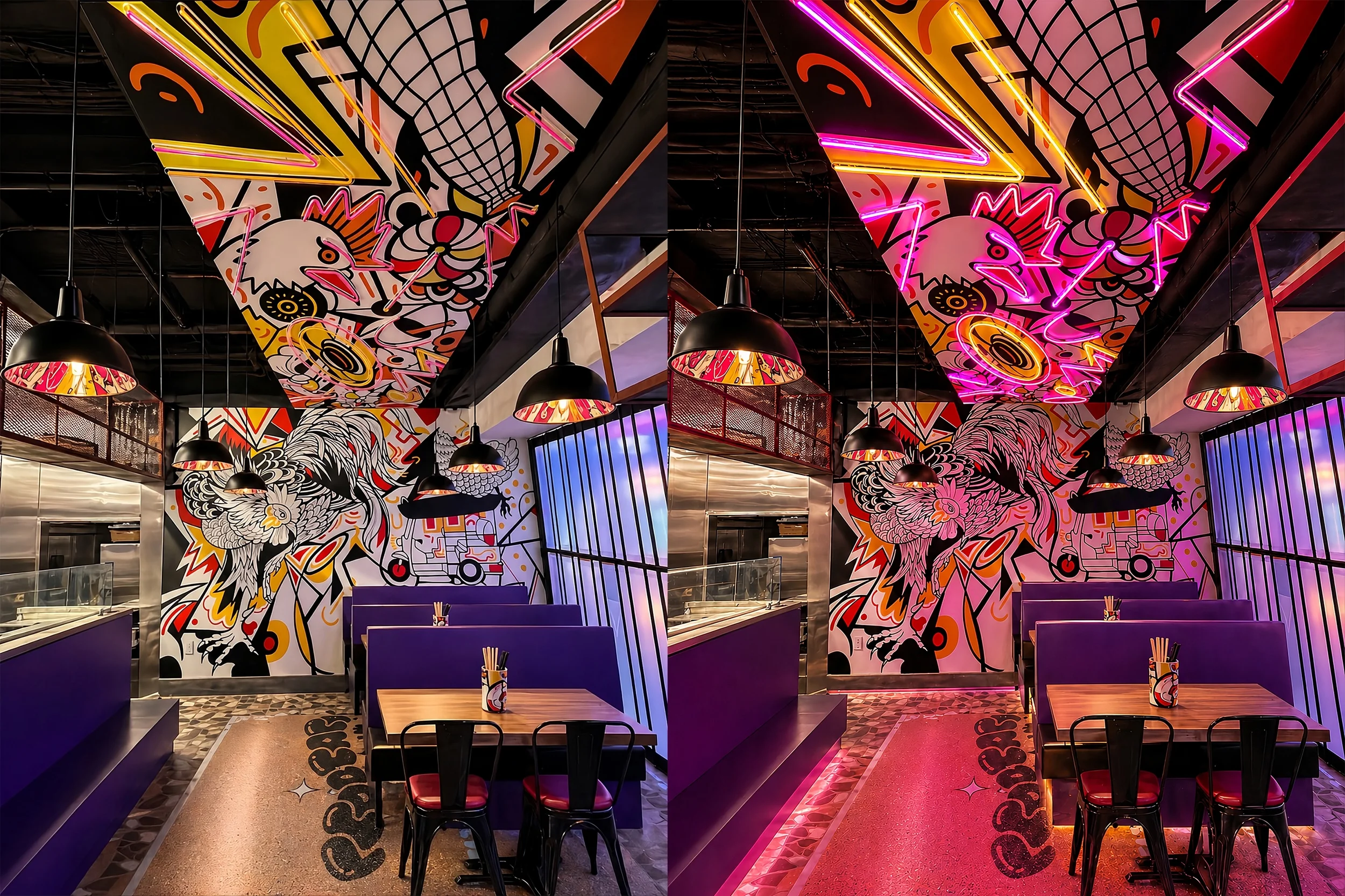 Colorful interior of a restaurant with neon signs, murals of a rooster and a chicken, purple seating booths, and black hanging lamps.