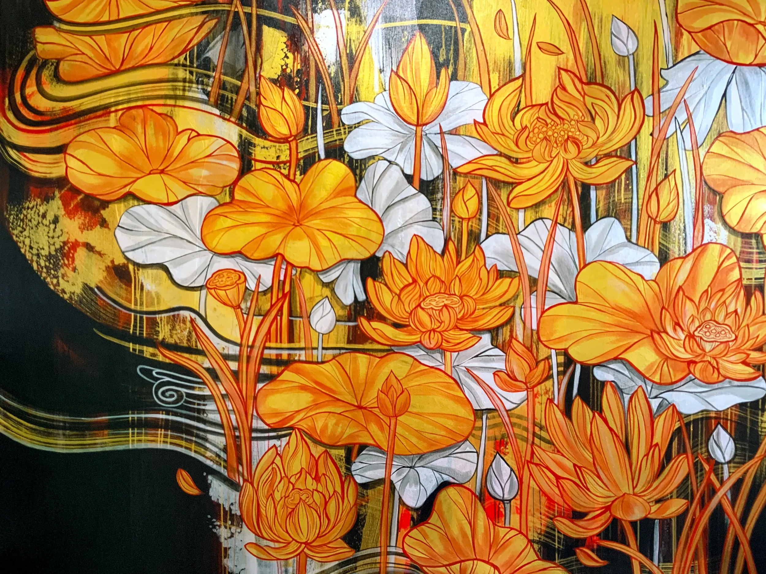 Colorful floral artwork featuring orange and white flowers with orange outlines, set against a gold and black abstract background.