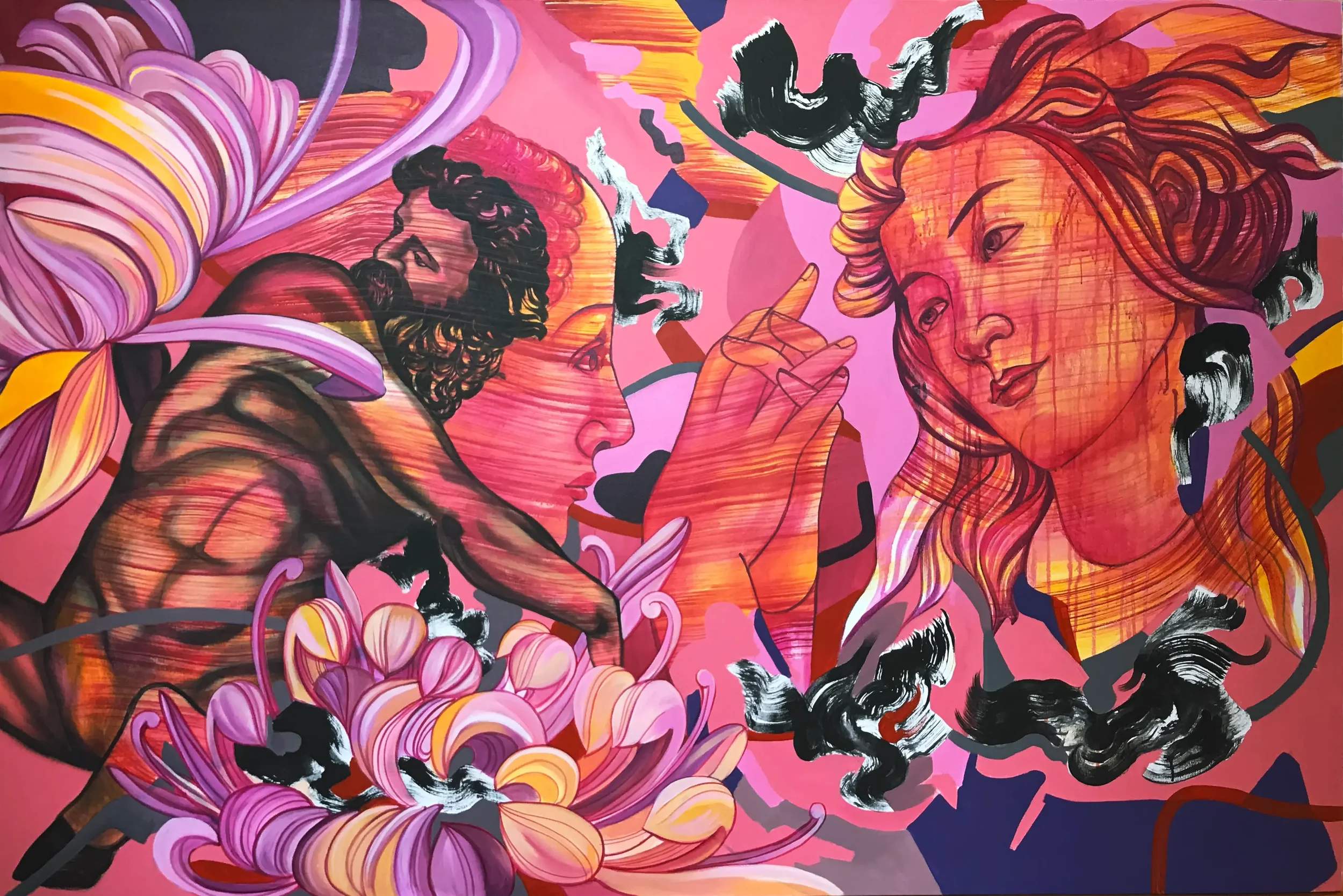 A vibrant street art mural depicting two women with elaborate hair, surrounded by abstract shapes and bold colors including pink, orange, purple, black, and red.