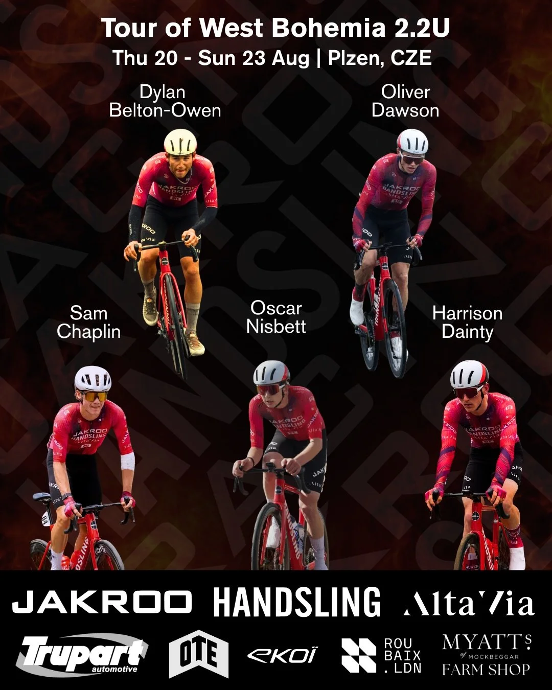 NEXT UP: TOUR OF WEST BOHEMIA 2.2U 🇨🇿

Four days of UCI U23 racing begin today in Plzeň, with an opening prologue followed by three road stages across West Bohemia.

Our six-rider line-up:

Dylan Belton-Owen
Oliver Dawson
Sam Chaplin
Oscar Nisbett

