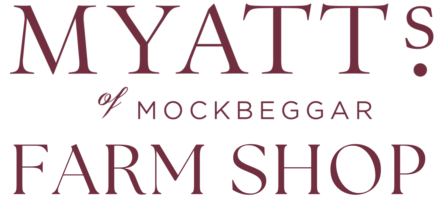 Logo for Myatts of Moсkbeggar Farm Shop in dark purple text.