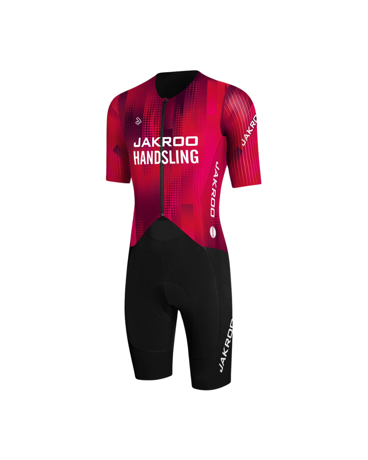 Cycling jersey and shorts set with red and black colors, displaying 'JAKROO HANDSLING' on the front and 'JAKROO' on the sides and legs.
