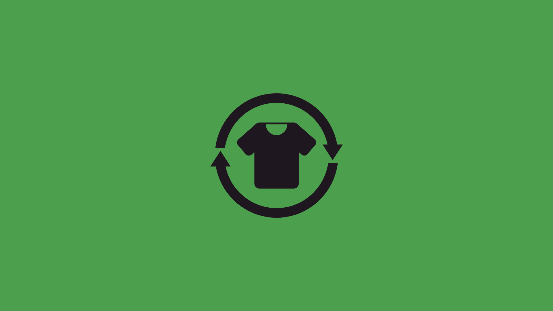 Icon of a T-shirt inside a recycling symbol on a green background.