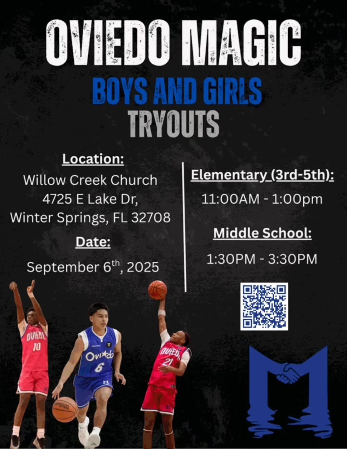 SIGN UP TODAY
BOYS & GIRLS TRYOUTS AT Willow Creek Church
4725 E Lake Dr, Winter Springs, FL 32708
Ovideo Magic is excited to announce their upcoming basketball tryouts for all Elementary and Middle Schoolers. Tryouts at Willow Creek Church wi
