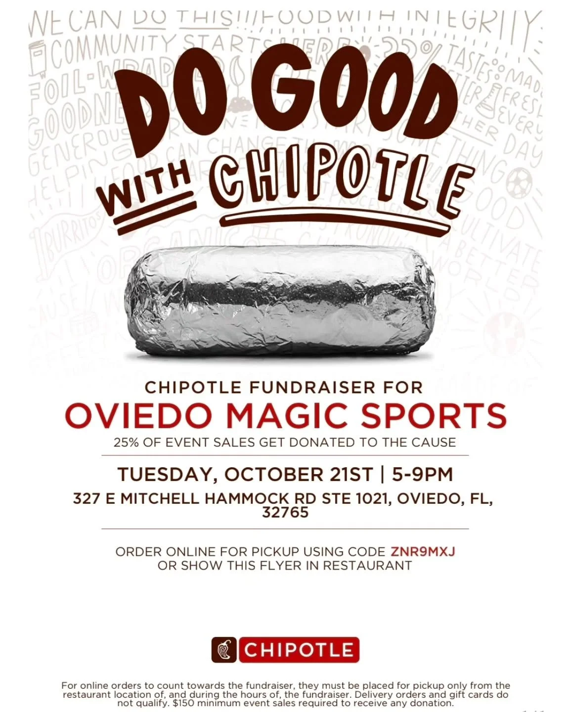 Join us for spirit night at Chipotle. Please support your local community youth sports program Oviedo Magic!
Looking forward to seeing everyone there!!