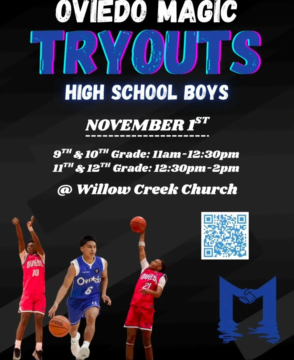 Ovideo Magic is excited to announce their upcoming basketball tryouts for all Boys High Schoolers. Tryouts at Willow Creek Church will occur on Saturday, November 1st, 2025. This is an opportunity for your student-athletes to compete in AAU skilled t