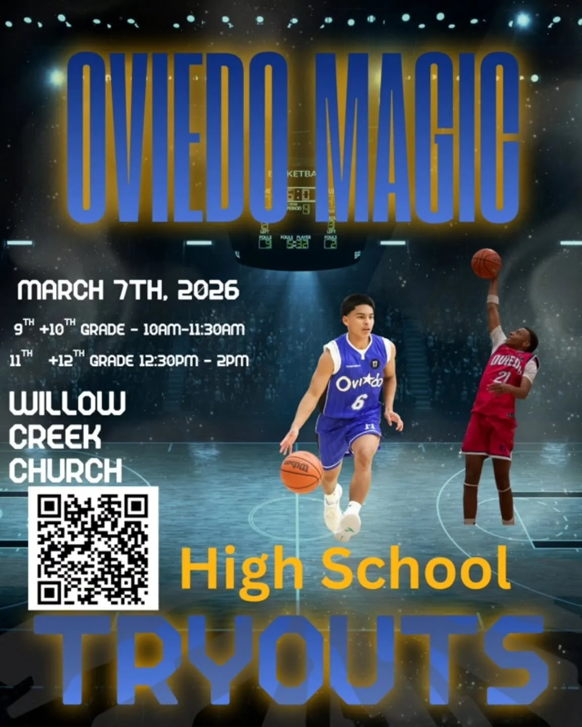 Ovideo Magic is excited to announce their upcoming high school basketball tryouts. Tryouts will be at Willow Creek on Saturday, March 7th, 2026. This is an opportunity for your student-athletes to compete in AAU skilled tournaments. We welcome your s