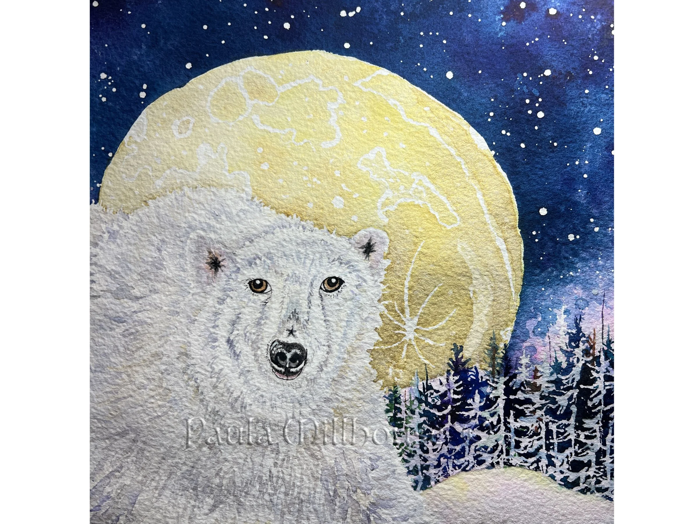 Original Watercolor painting of a polar bear under the full moon, northern lights, and starry sky. A snowscape.