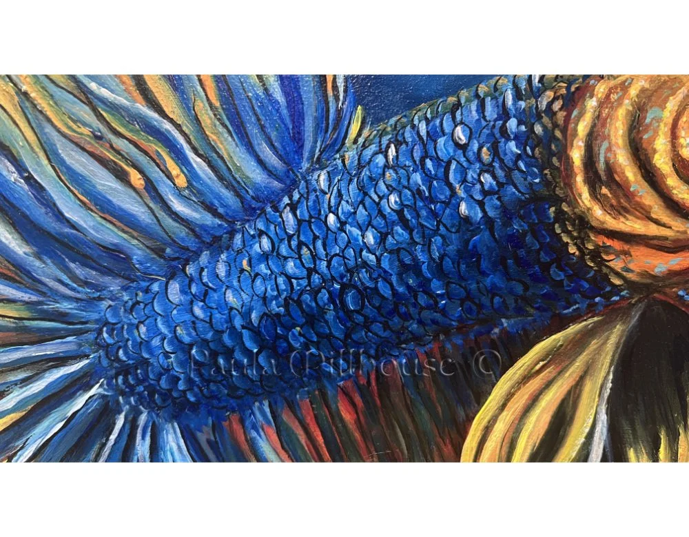 Original oil painting of a brilliant blue and gold Betta fish swimming through deep blue water, painted on 11x14 cradled wood panel by wildlife artist Paula Millhouse.