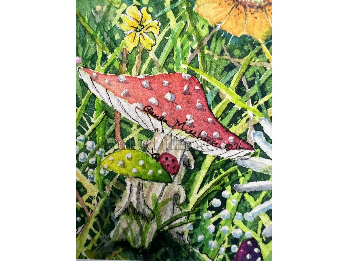 Squirrel sitting among bright wildflowers and mushrooms under a spring sky, whimsical wildlife watercolor painting by Paula Millhouse