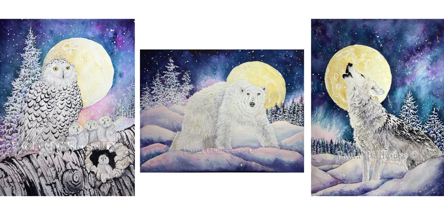 Original Watercolor paintings of Snowy Owl, Polar Bear, and Grey Wolf under the full moon.