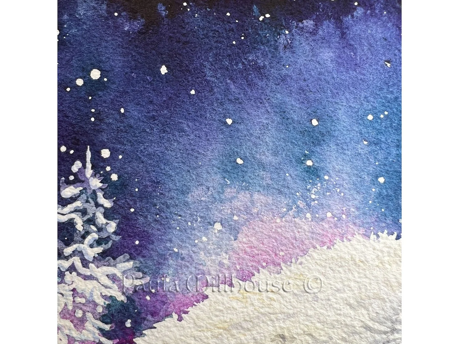 Original Watercolor painting of a polar bear under the full moon, northern lights, and starry sky. A snowscape.
