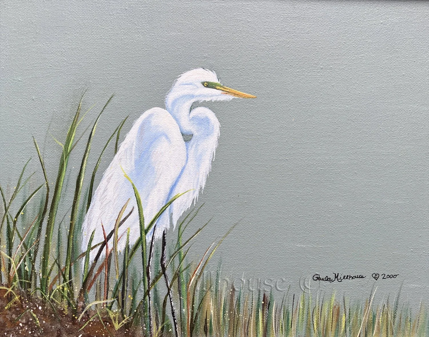 Realistic acrylic painting of a white egret standing peacefully in a coastal salt marsh surrounded by soft grasses by Paula Millhouse Fine Art.